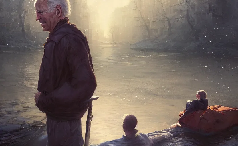 Image similar to highly detailed portrait of joe biden as a homeless, stuck in the river, stephen bliss, unreal engine, fantasy art by greg rutkowski, loish, rhads, ferdinand knab, makoto shinkai and lois van baarle, ilya kuvshinov, rossdraws, tom bagshaw, global illumination, radiant light, detailed and intricate environment