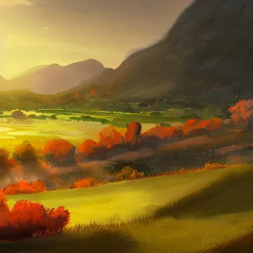 Image similar to A vast green landscape with a river running through it, a small village in the distance and a few mountains in the background. The sun is setting and the sky is ablaze with oranges, reds and yellows. A beautiful, serene and peaceful scene, digital painting, 4k, concept art, artstation, matte painting, by Yuji Kaneko