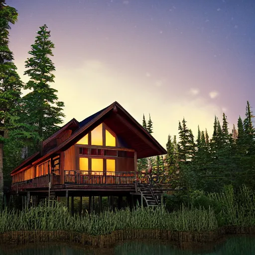 Prompt: Lodge in the Pacific Northwest forest, incredibly detailed, rendered in octane, river, sunset