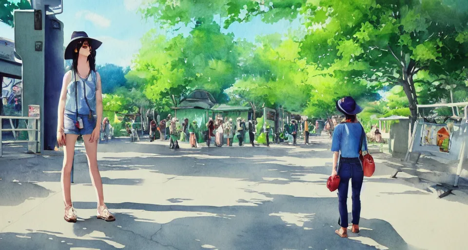 Prompt: cowgirl in bucket hat dark green skinny jeans waits at sunny blue metro bus stop watercolor studio ghibli Kazuo Oga painting urban background dappled