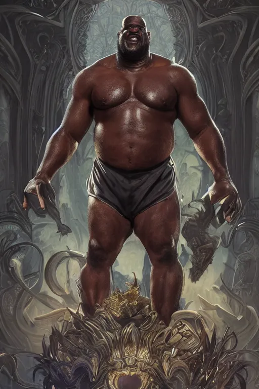 Image similar to portrait of shaquille o'neal as a hulking herculean demon, forest, godlike, full body, fantasy, intricate, elegant, highly detailed, digital painting, artstation, concept art, sharp focus, illustration, art by artgerm and greg rutkowski and alphonse mucha