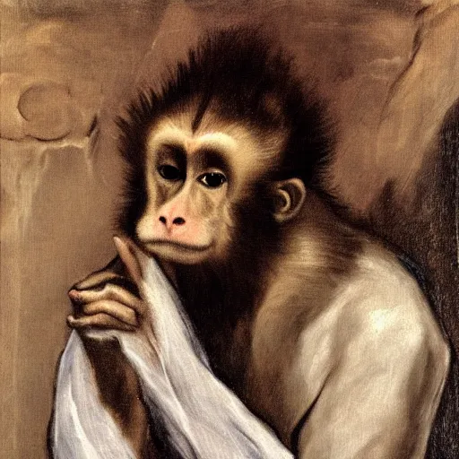 Image similar to a philosopher monkey contemplating matters, portrait, by el greco