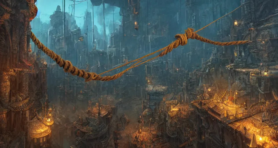 Prompt: An epic fantasy comic book style landscape painting of a thieves using ropes to get around an underground vibrant steampunk city with walkways and bridges, unreal 5, DAZ, hyperrealistic, octane render, dynamic lighting