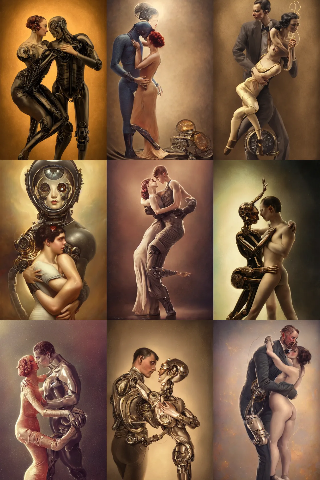 Prompt: a beautiful ultradetailed vintage photo of two cyborgs in a classic tango pose by tom bagshaw and anna dittman, couples portrait, vignette, 2 4 mm lens, golden ratio composition, detailed faces, studio photography, very detailed, humanoids, industrial robots, artstation, 8 k, highly coherent
