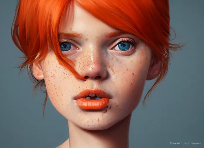 Image similar to portrait Girl with orange hair and freckles, cute-fine-face, pretty face, realistic shaded Perfect face, fine details. realistic shaded lighting by Daniela Uhlig