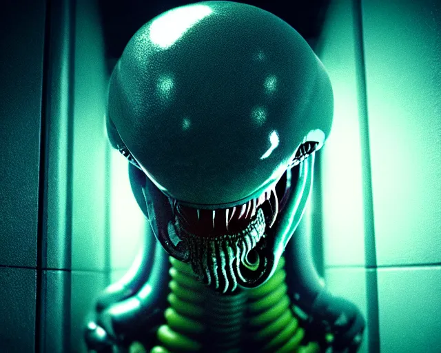 Image similar to 2 8 mm closeup portrait of a wet slimy dripping xenomorph alien in science fiction spaceship hallway, dramatic lighting, octane, blue lights, lens flare, industrial, dirty, trending on artstation, golden ratio, h. r. giger, mist, action, volumetric lighting