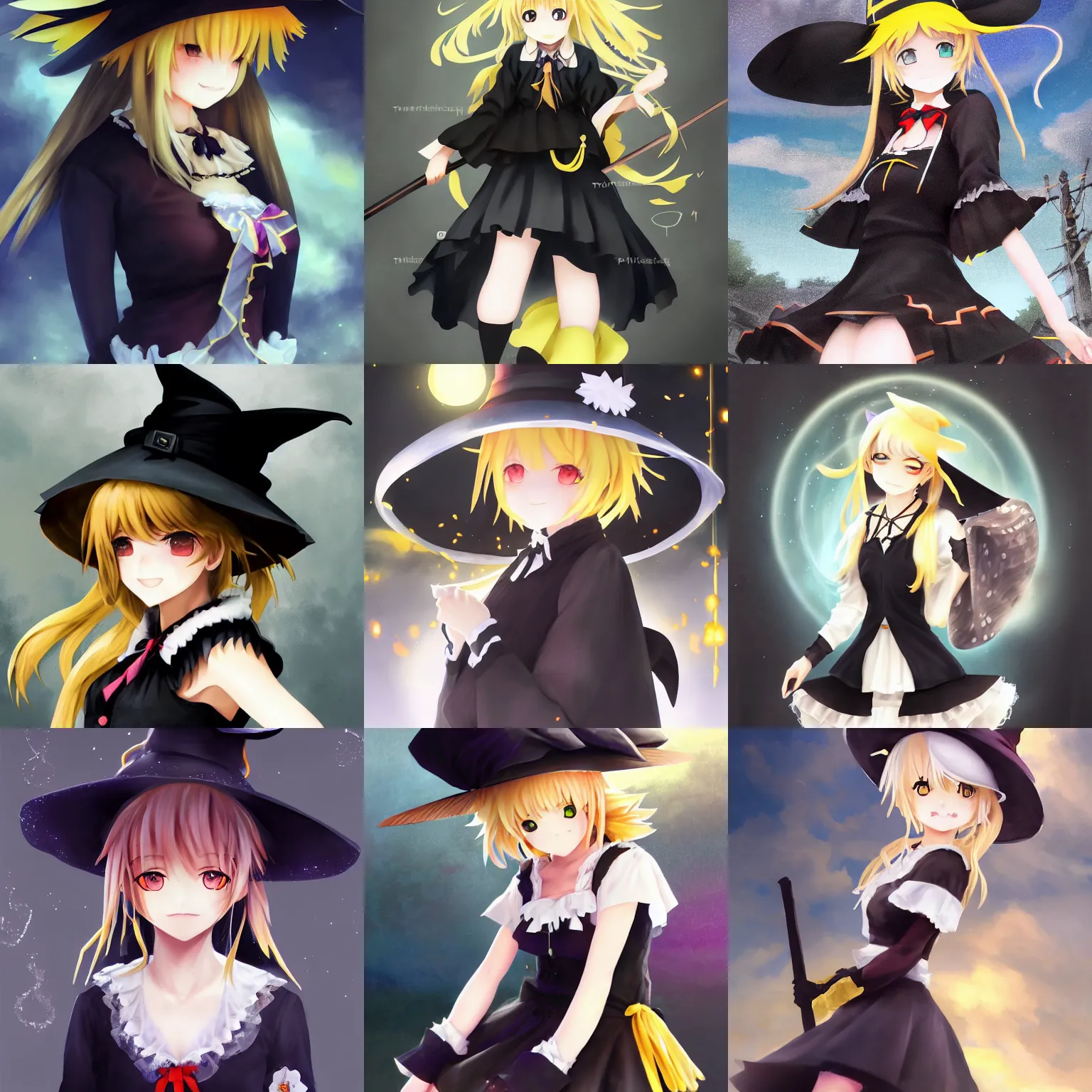 Prompt: artwork portrait of cute witch marisa kirisame from touhou project, marisa kirisame touhou artwork black black hat hat broom blonde hair ultradetailed sparkling yellow eyes maid dress white apron by greg rutkowski makoto shinkai sakimichan key art 4 k 8 k ultrahd trending award winning