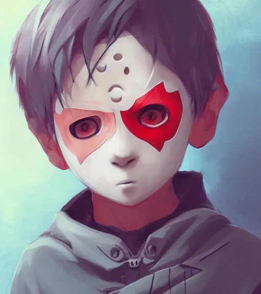 Image similar to beautiful little boy anime character inspired by jason voorhees, art by rossdraws, wlop, ilya kuvshinov, artgem lau, sakimichan and makoto shinkai, concept art, anatomically correct, extremely coherent, realistic, mask, smooth hd, 8 0 s haircut, red lighting