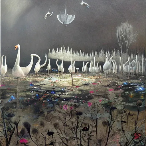 Prompt: painting hr giger tent in a landscape covered in swans, floral ornaments light beams night, ashley wood