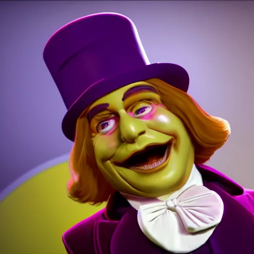 Image similar to still photo of willy wonka, bright studio setting, studio lighting, crisp quality and light reflections, unreal engine 5 quality render