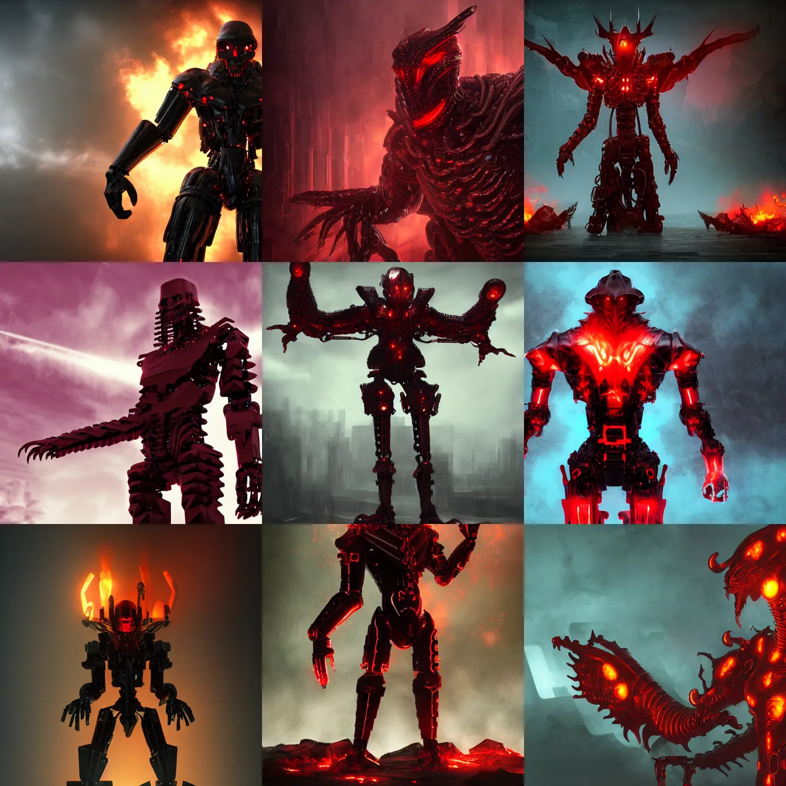 Prompt: ominous cybernetic humanoid figure with a body of dark red matte thick metal blocks as scales, epic fantasy artwork, evil, gritty, matte, dragon - like, burning scene in the background, volumetric lighting, detailed, rich iridescent colors