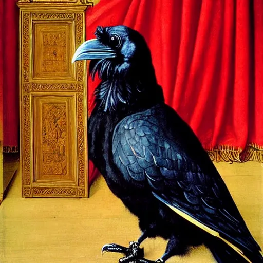 Image similar to a highly detailed painting of a raven dressed as an elegant tudor gentleman, in a room with thick red tapestries, by hans holbein