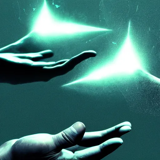 Image similar to hands making contact in the metaverse, organic liquid textures, organic growth, particles, flowing, abundent in details, transparent, surreal dramatic lighting