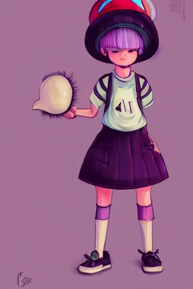 Image similar to a little girl wearing a mushroom hat in 9 0 s outfit | | purple curvy hair, pretty face, fine details, digial art by lois van baarle and sakimichan, anatomically correct, perfect composition, symmetrical, fantastic, clean details, anime character, extremely detailed, ray tracing, aesthetic