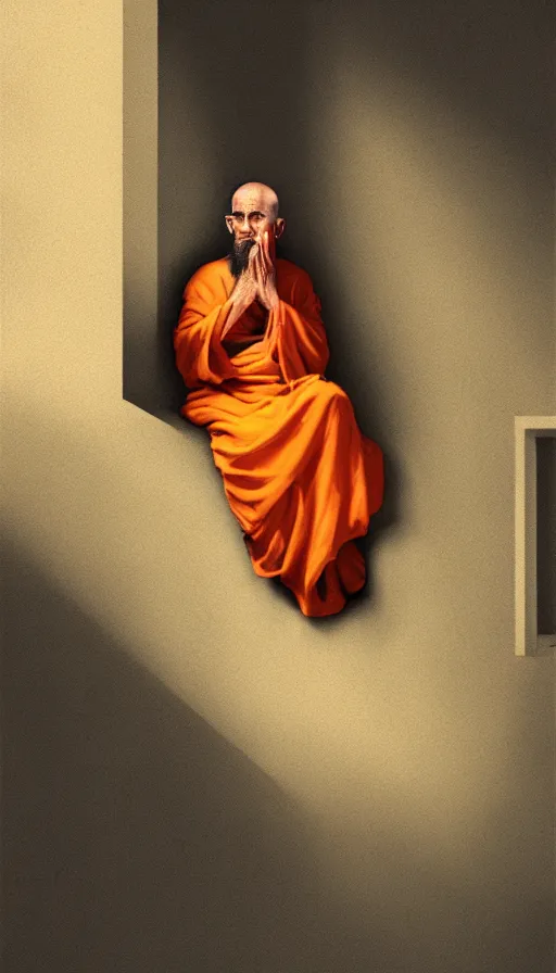 Image similar to space monk sitting by a window, orange robe, dramatic lighting, artstation, matte painting, johannes vermeer