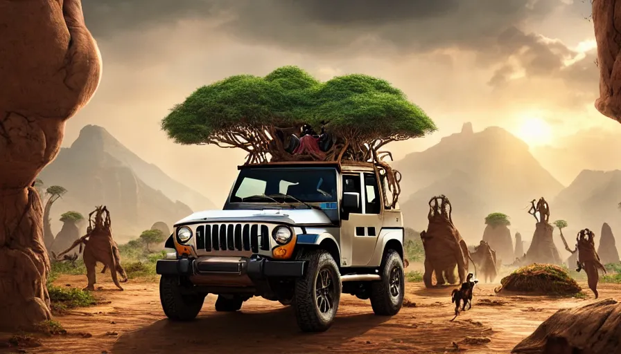 Prompt: mahindra thar driving through madagascar with baobabs trees, tribe members chasing for an attach, action scene, an epic fantasy, artgerm and greg rutkowski and alphonse mucha, an epic fantasy, volumetric light, detailed, establishing shot, an epic fantasy, cinematic, photorealistic, ultrarealistic, trending on art station, octane render, midsommar