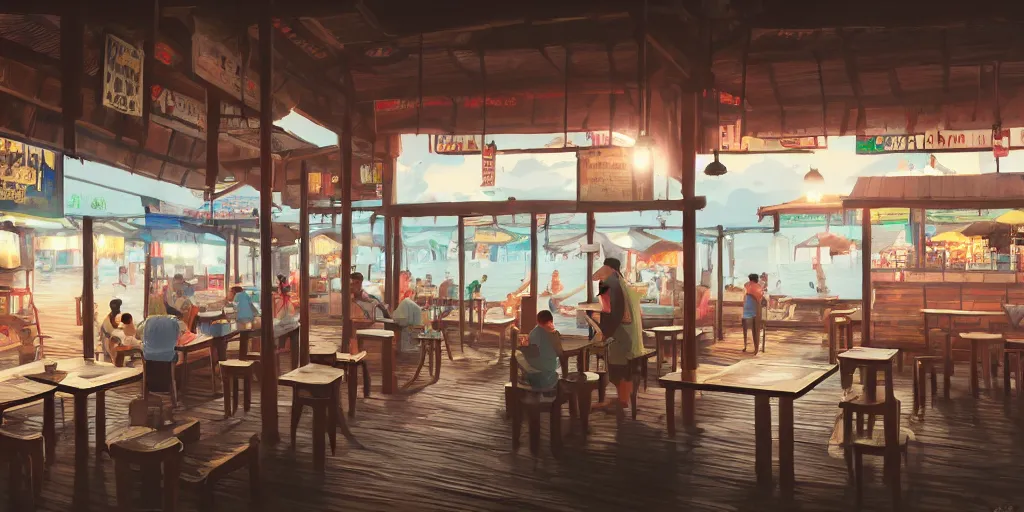 Prompt: interior of a kopitiam at pulau indah fishing village, near a jetty, early morning, hyperrealistic, detailed matte painting, low angle view, telephoto lens, bokeh, studio ghibli, artstation