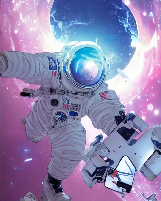 Prompt: astronaut floating in space, cybernetic enhancements, art by makoto shinkai and alan bean, yukito kishiro
