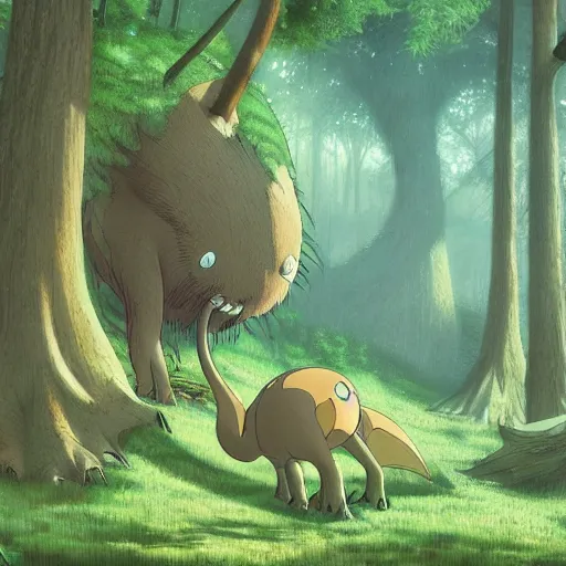 Image similar to creature in the forest in the ghibli artstyle, art 8k detailed, smooth, highly detailed, ghibli