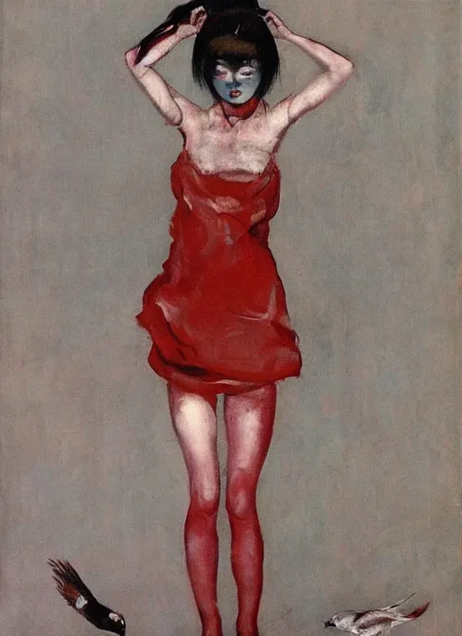 Image similar to a gorgeous asian college girl standing on the knees, frozen cold stare, blood red background, transparent gray skirts, stockings, crows swarming trapped in the void as a symbol of death, in style of surrealism of Francis Bacon painting, Ilya Kuvshinov, John Singer Sargant, Chaim Soutine and Frank Auerbach, American Gothic, 8k, ultradetailed