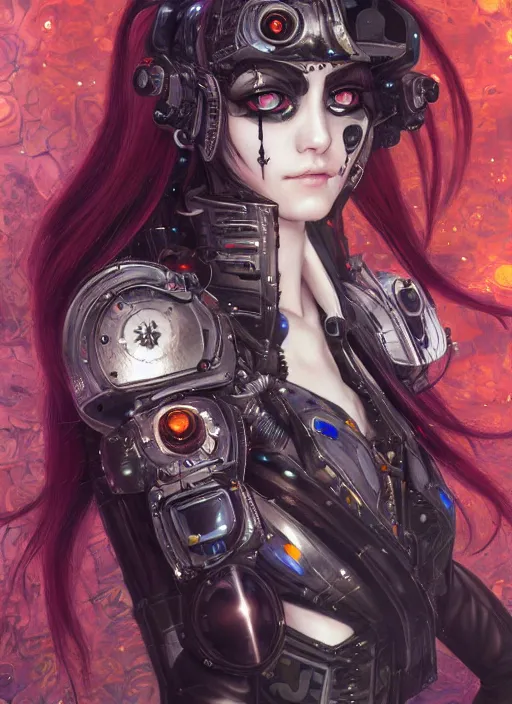 Prompt: portrait of cute beautiful young goth cyborg maiden, cyberpunk, Warhammer 40000, highly detailed, artstation, illustration, art by Gustav Klimt and Range Murata