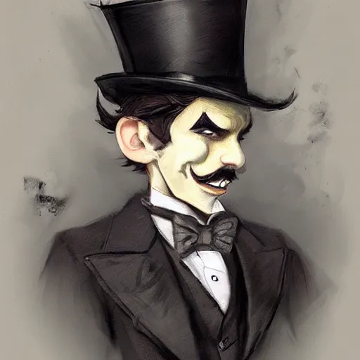 Prompt: dapper fancy luigi wearing a top hat, smirking deviously, painted by greg rutkowski, wlop, artgerm, dishonored 2