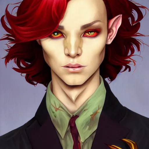 Image similar to dnd character portrait of a beautiful and androgynous half - elf with messy short red hair and catlike features and dark skin tone and yellow eyes with slit pupils, golden hour, wearing a colorful men's suit, realistic painting by tasha beckwith and ross tran and gerald brom and alphonse mucha, trending on artstation
