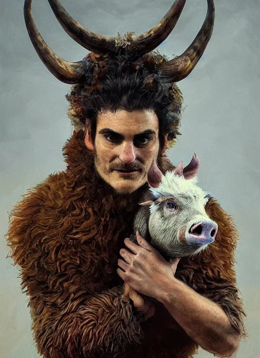 Image similar to a hyper detailed painting of a anthropomorphic joaquin phoenix as the king of animals, cow horns, pig nose, sheep wool, chicken feathers, horror, by anna podedworna, by miklos ligeti, by diego maricato, by taran fiddler, by antonino truisi, by chris reddie, on artstation