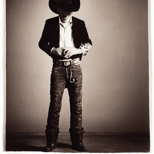 Image similar to Cat wearing a cowboy hat and boots by Anton Corbijn