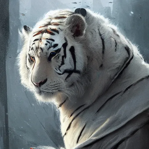 Image similar to a beautfiul award winning aesthetic commission of an antrho albino tiger wearing a black padded hooded puffer jacket,digital art,art by greg rutkowski,character design by charles bowater,ross tran,photorealistic,detailed face,hyperdetailed,western comic,2021,artstation,deviantart