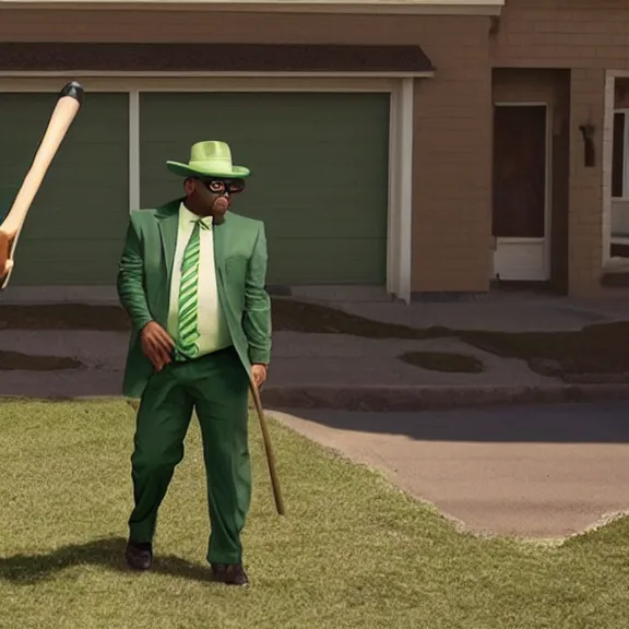 Image similar to Still of Big Smoke with green clothing with a baseball bat and trilby hat in Better Call Saul