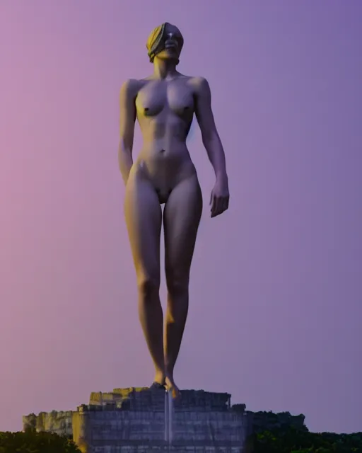 Image similar to a cgsociety render of a foreground woman standing in front of a background huge statue, a screenshot by stanley twardowicz, cgsociety, aestheticism, aesthetic, vaporwave, anime aesthetic