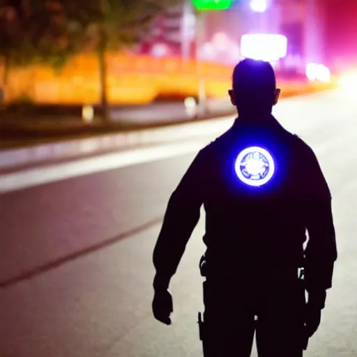 Prompt: biolumenescent, glowing, glow - in - the - dark fbi agent on road at night