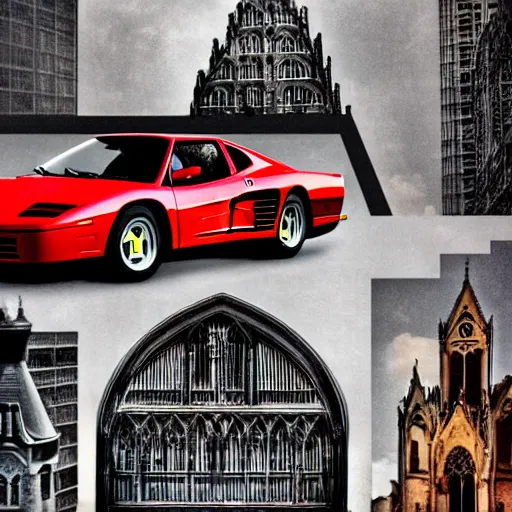 Image similar to a red ferrari testarossa in front of gothic architecture, gotham city, magazine collage style