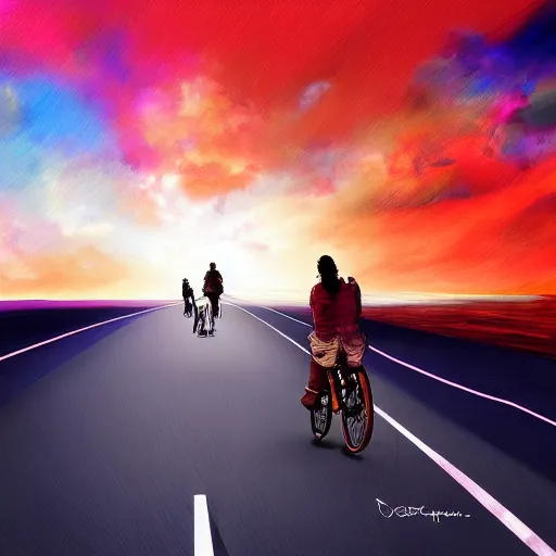 Prompt: The joy of riding a bike through the sky, striking composition, evokes feelings of wonder, expressive digital painting