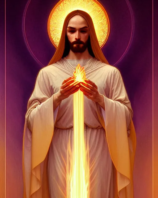 Image similar to symmetry portrait of saint germain holding a violet flame, intricate, elegant, highly detailed, digital painting, artstation, concept art, smooth, sharp focus, illustration, art by artgerm and greg rutkowski and fra angelico and alphons mucha