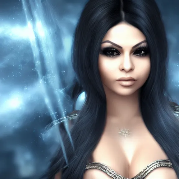 Image similar to portait of haifa wehbe, long hair centred, hd, very detailed curve, unreal engine, final fantasy style, blue soft background