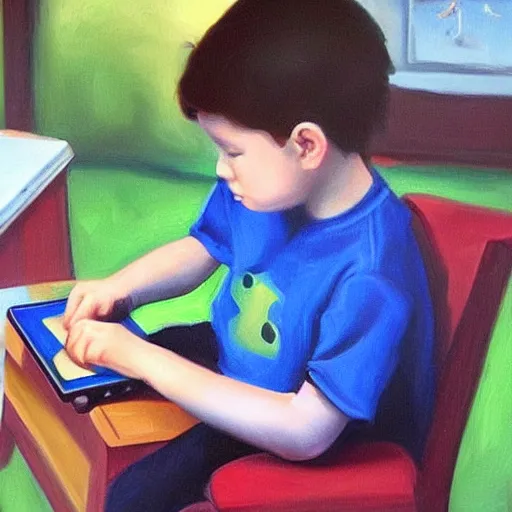 Image similar to kid playing games on his iphone, painting by raphael