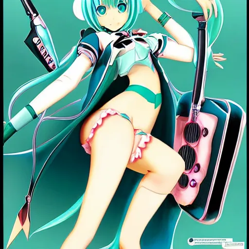 Image similar to Hatsune Miku full body pin up modeling a vocaloid idol unioform,with a park in the back ground,post war style,detailed face, art by Gil Elvgren