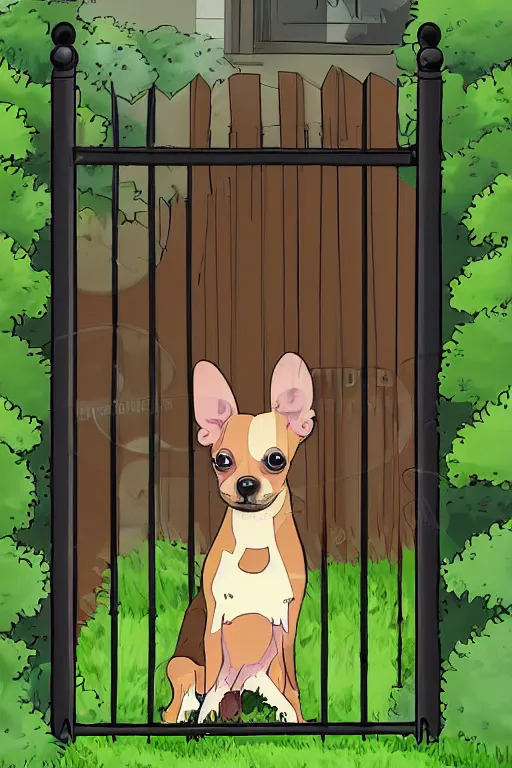 Image similar to A black and tan chihuahua looks through her garden gate, cel shaded cartoon in the style of studio Ghibli, stormy weather, raining, wet, morning, cinematic lighting