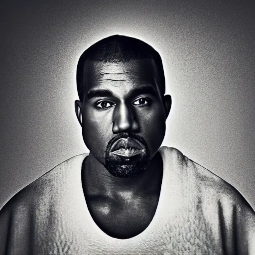 Image similar to the face of kanye west wearing yeezy clothing at 5 0 years old, portrait by julia cameron, chiaroscuro lighting, shallow depth of field, 8 0 mm, f 1. 8