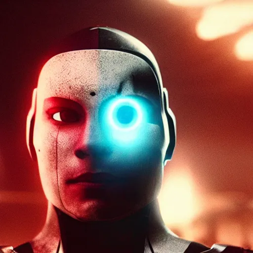 Image similar to movie still of cyborg with glowing third eye, cinematic composition, cinematic light, criterion collection, by square enix