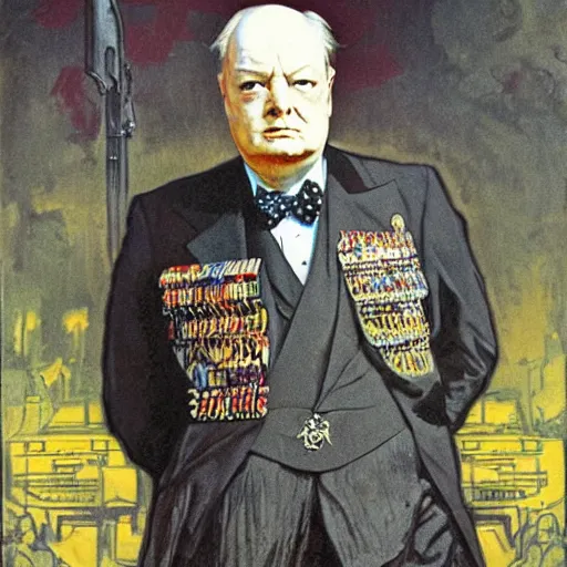 Prompt: winston churchill dressed in cuberpunk military gear. Epic portrait by james gurney and Alfonso mucha.