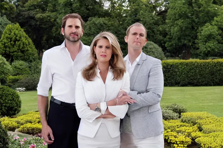 Image similar to press photo of a beautiful thirtysomething powerful white female president in a suit, being held romantically by her two younger white boyfriends in the white house rose garden, professional photo, press photo, glamorous, 8 k photorealistic, very detailed