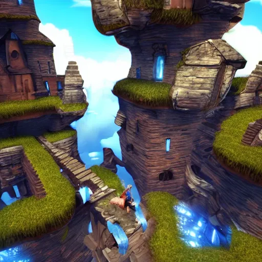 Image similar to screenshot of a game prototype where a blue Elf jumps across platforms Unreal Engine