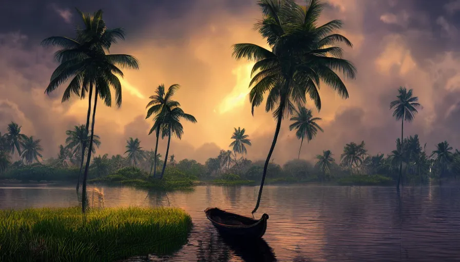 Prompt: kerala backwaters, an epic fantasy, dramatic lighting, cinematic, establishing shot, extremely high detail, photorealistic, cinematic lighting, artstation, matte painting, horizon forbidden west