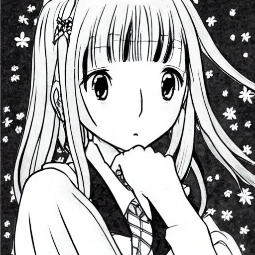 Prompt: a beautiful school girl, Hayao Miyazaki manga style, black and white manga comic, Naoko Takeuchi manga style, shoujo manga