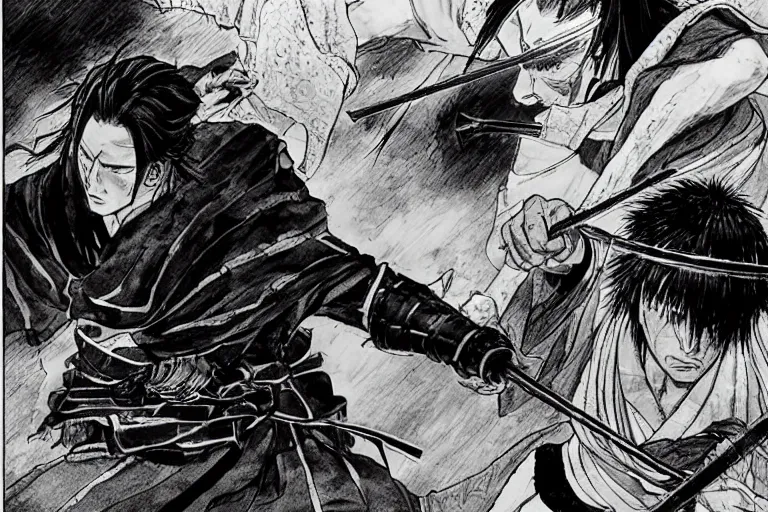 Image similar to epic and cinematographic samurai duel, black and white mange by takehiko inoue and Hiroshi Hirata