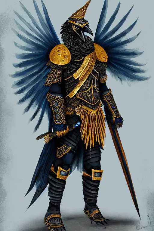 Prompt: crow warrior in heavy armor. black wings. blue and gold clothes. digital painting, hd, highly detailed.