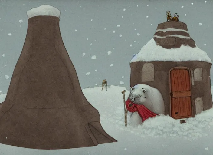 Prompt: an igloo with a chimney, walrus, polar bear, sleigh dogs, fish, giraffe, lowbrow in the style of mark ryden and john bauer,